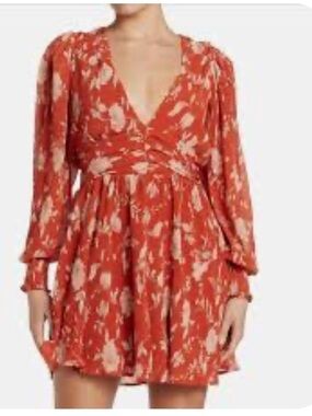 Lulus Red Floral Mini Dress Long Sleeve V Neck Empire Waist Romantic Dress